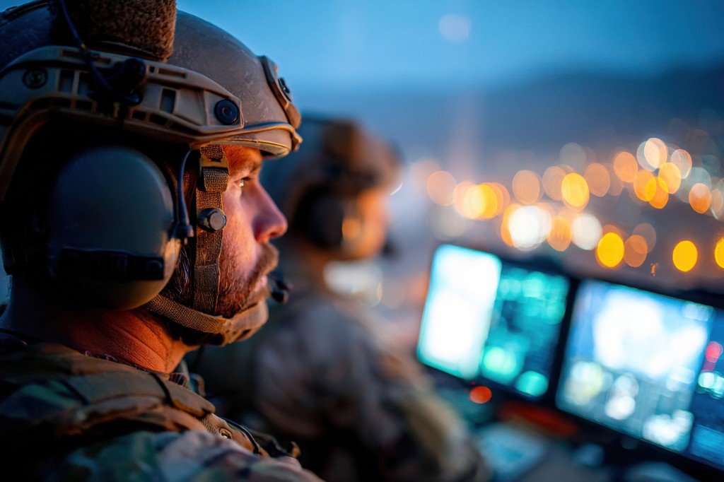 Military personnel monitoring tactical displays at night